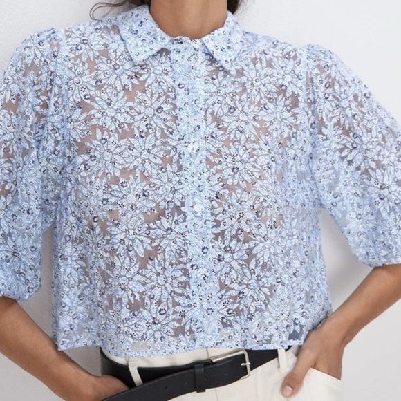 Zara Floral Blue Organza Puff Sleeve Sheer Cropped Blouse Size XS - Picture 14 of 16